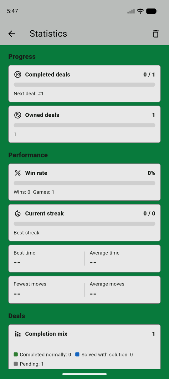 FreeCell statistics screen running on Android